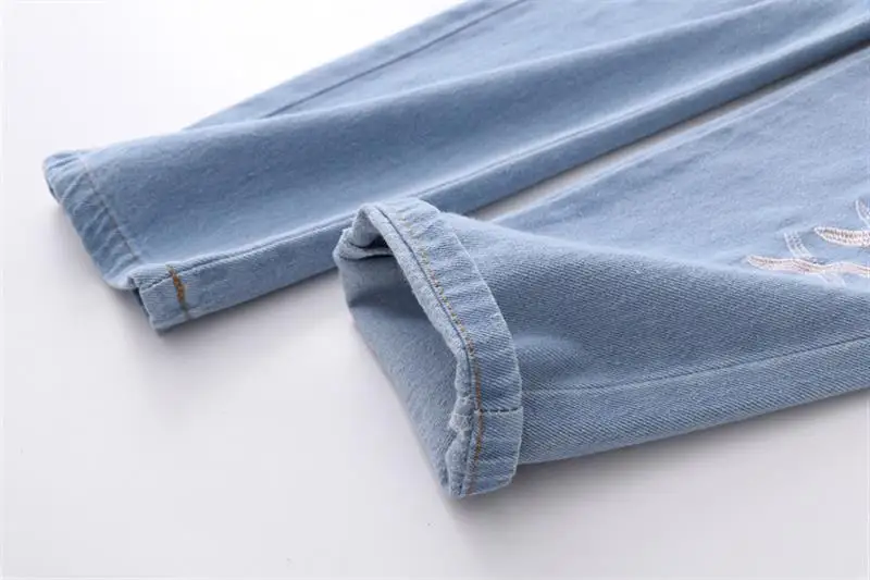 Harajuku милые джинсы Для женщин бархат обирали осень-зима элегантный дизайн милый кот Вышивка Средний штаны с эластичной резинкой на талии