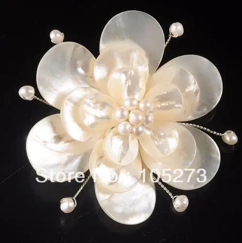 

New Arriver Charming Natural 4-25mm White Color Shell MOP & Freshwater Pearl Flower Pin Brooch 72mm Handcrafted Fashion Jewelry