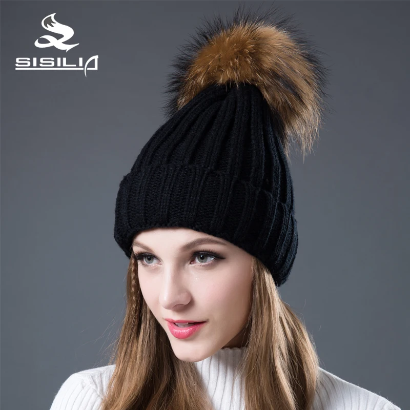 Women's hats with Raccon&Fox fur pom poms Women's Winter Hatst Multiple Colour Knitted cotton beanies  SIsilia female cap