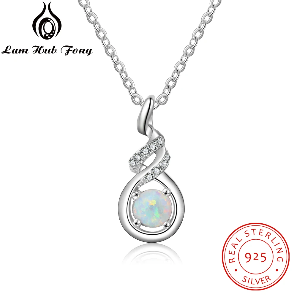 

925 Sterling Silver Twist Teardrop Pendant Necklace Created White Opal Necklaces for Women Zirconia Jewelry Gift (Lam Hub Fong)