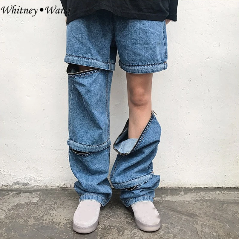 

WHITNEY WANG 2019 Spring Autumn Fashion Streetwear Zippers Detachable Jeans Women Stylish Denim Pants