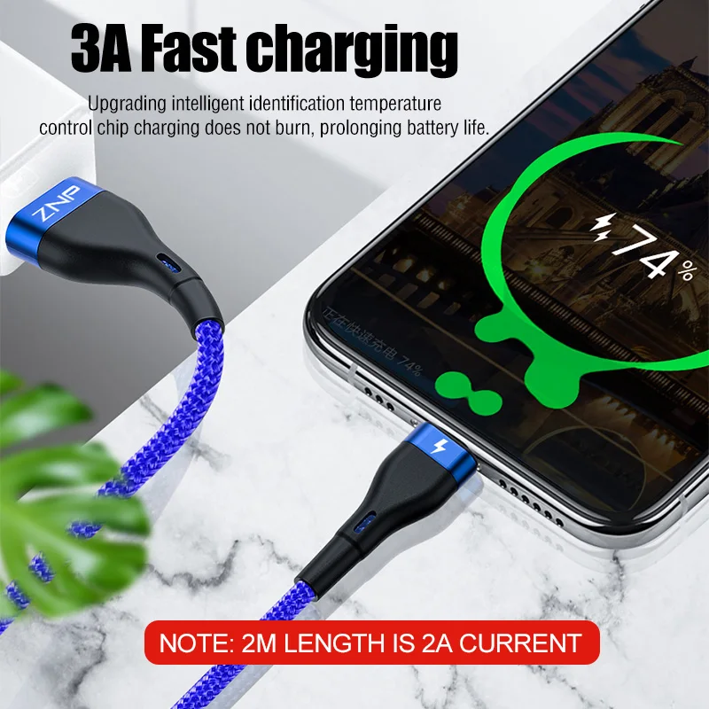 ZNP USB نوع C كابل ل Xiaomi Redmi ملاحظة 7 mi9 USB C كابل لسامسونج S10 سريع شحن سلك USB-C كابل شاحن الهاتف المحمول