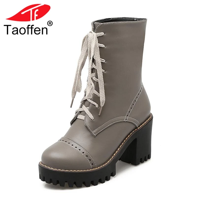 

TAOFFEN Size 34-43 Women Boots Ankle Lace Up Winter Shoes Woman Platform High Heels Half Short Boots Warm Fur Ladies Shoes