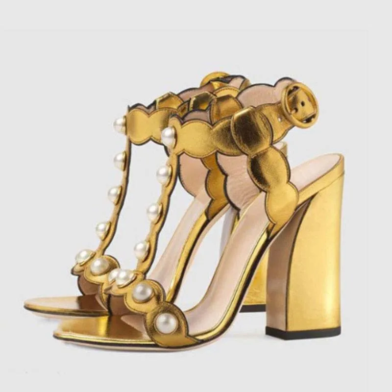 

Eunice Choo Luxury Design Pearls Leather Gladiator Sandals Women Ankle Strap Chunky Heel Summer Gold Black Shoes Woman High Heel