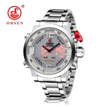 OHSEN Brand Luxury Full Silver Stainless Steel Watches Mens Quartz Business Casual Dual Display Watch Clock Man Reloj Hombre