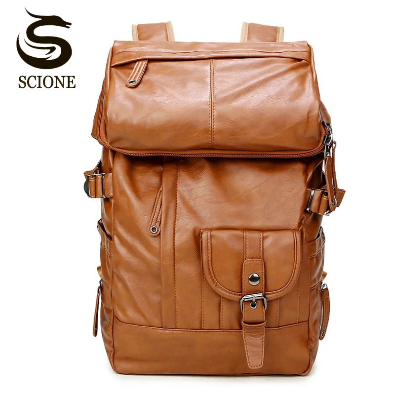 Kaufen Laptop Rucksack Männer Schulter Tasche PU Leder Reise Rucksack Schule Männlichen Taschen Große Kapazität Rucksäcke Notebook Rucksack Schwarz