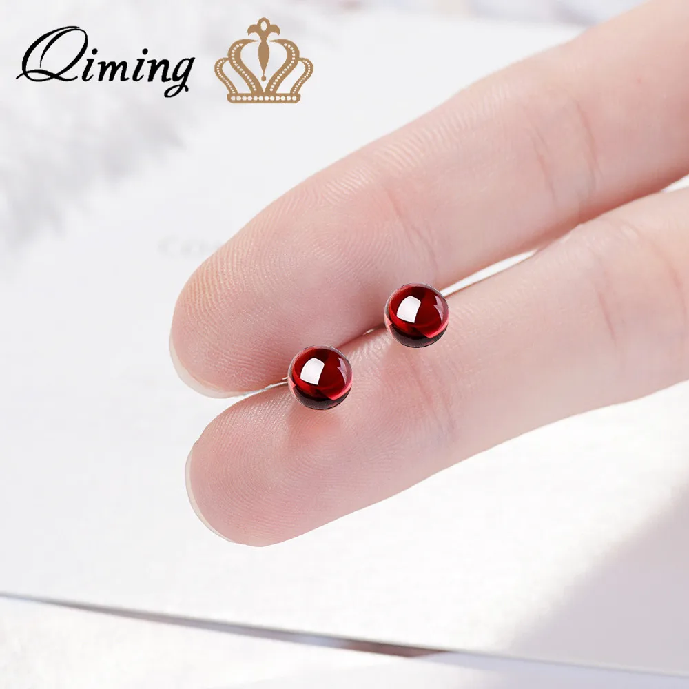 

Pomegranate Small Ball Earrings For Women Red Stone Minimalist Jewelry Fashion Silver Vintage Retro Stud Earrings Best Gift