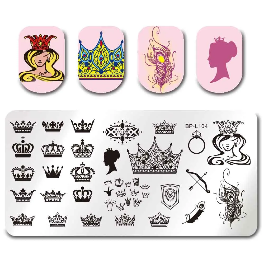 BORN PRETTY набор штамповочных пластин прямоугольный трафарет Корона королева перо макияж маникюр Дизайн ногтей шаблон изображения - Цвет: BP-L104