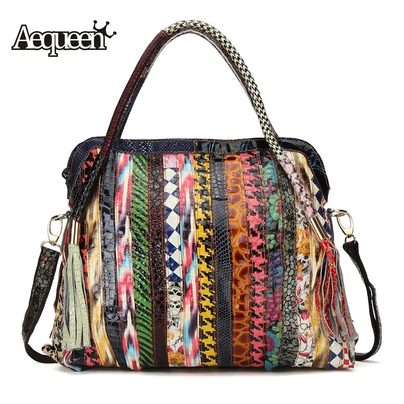 AEQUEEN Genuine font b Leather b font Women font b Handbags b font Large Capacity Patchwork