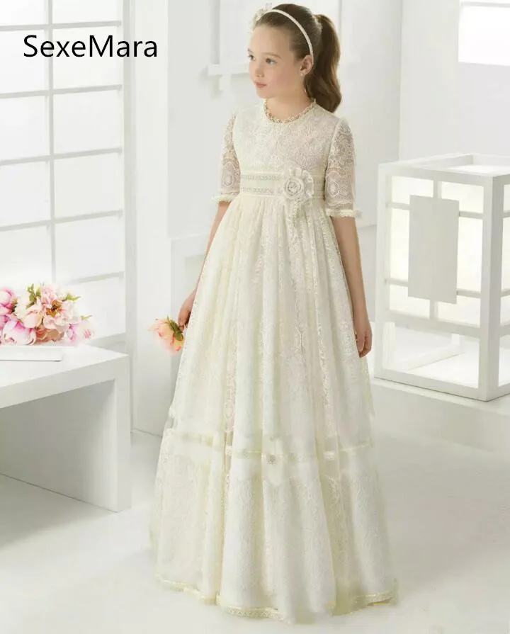 

Ivory White High Quality Girls First Communion Dress Half Sleeve Lace Flowers Ankle Length Girls Dresses for Wedding Any Size