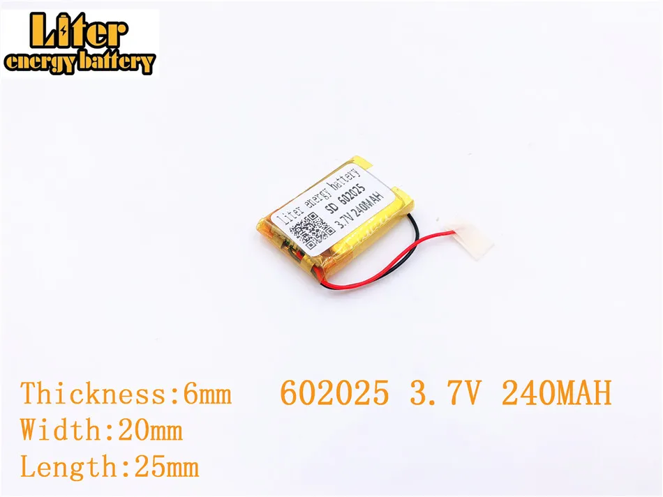 Liter energy battery 3.7V 240mAh 602025 plug Lithium Polymer Rechargeable Battery For MP3 MP4