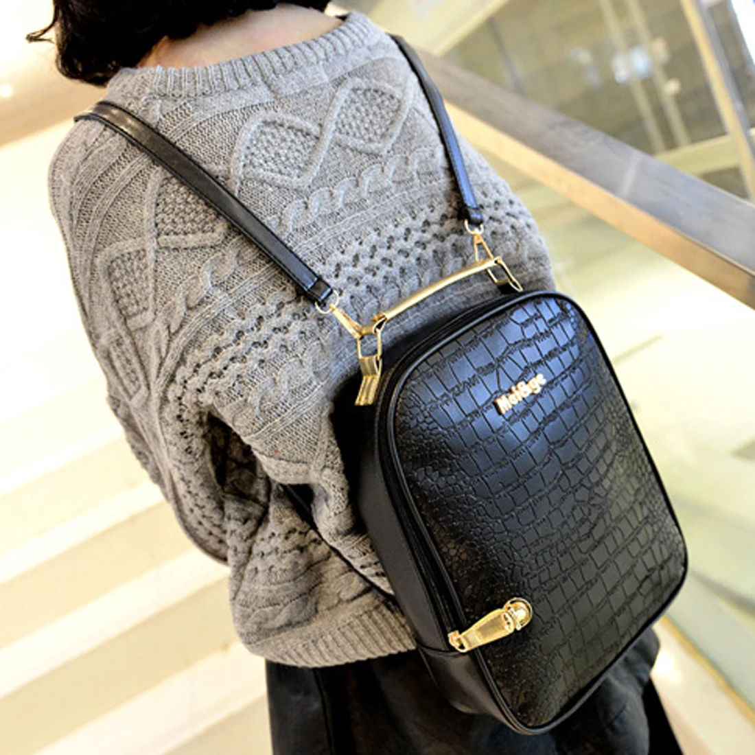 YEJIA FASHION Black Embossing Women Backpack Preppy Style Girl School Bag Casual Zipper Shoulder Back Pack