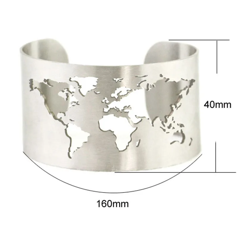 Карта мира, Браслет-манжета с вырезами, браслет для путешествий, ювелирные изделия из нержавеющей стали, ширина 40 мм, лазерная гравировка, тонкий полированный круглый угол