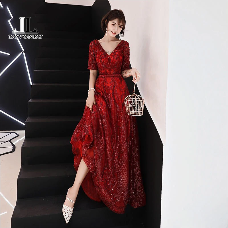LOVONEY Elegant V Neck Sequins Evening Dress Long Open Back Half Sleeves Formal Party Dresses Evening Gown Robe De Soiree XYG821 LOVONEY Elegant V Neck Sequins Evening Dress Long Open Back Half Sleeves Formal Party Dresses Evening Gown Robe De Soiree XYG821