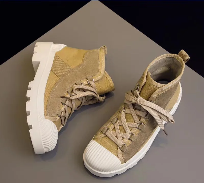 

Fashion Leisure Ankle Motorcycle Boots Women Round Toe Med Wedges Lace up Martin Boots Sewing Patchwork Casual Punk Ladies Shoes