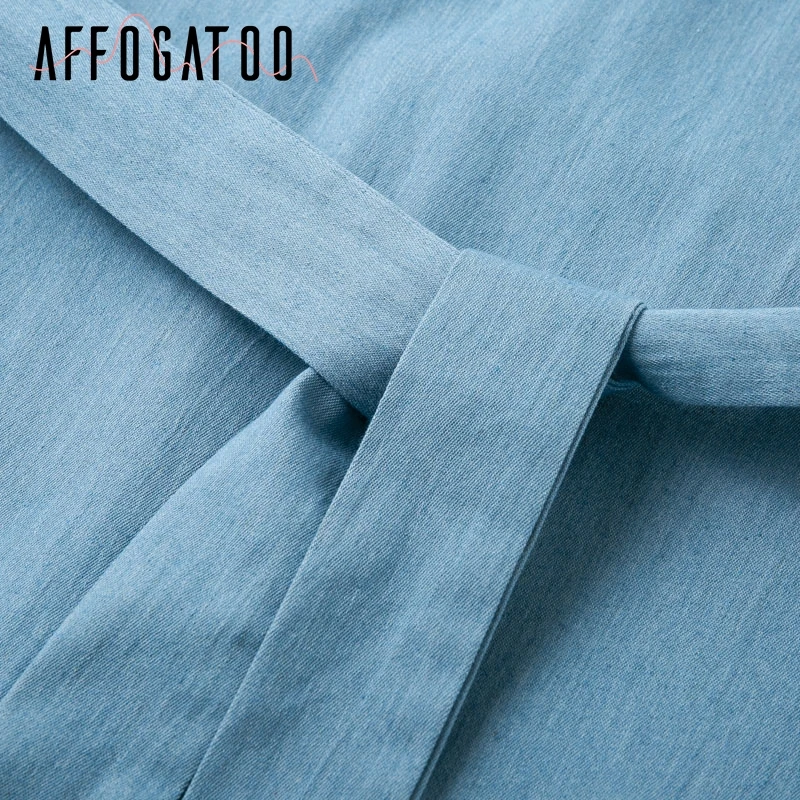 Afogatoo Сексуальное Женское Синее джинсовое короткое платье с v-образным вырезом и рюшами, элегантное мини-платье с вышивкой и поясом, повседневные пляжные летние платья для отдыха