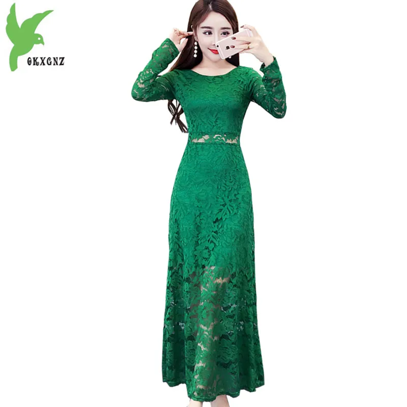 

2018 Spring Women's Lace Dresses New Fashion Long sleeves Slim Dress Solid color Long section Lace Dress Female OKXGNZ 1630
