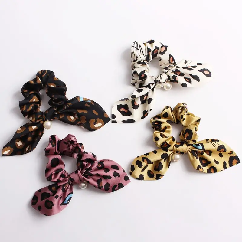 

Women Vintage Leopard Eye Expression Print Hair Rope Rabbit Ear Ribbon Bowknot Ponytail Holder Imitation Pearl Charms Scrunchies