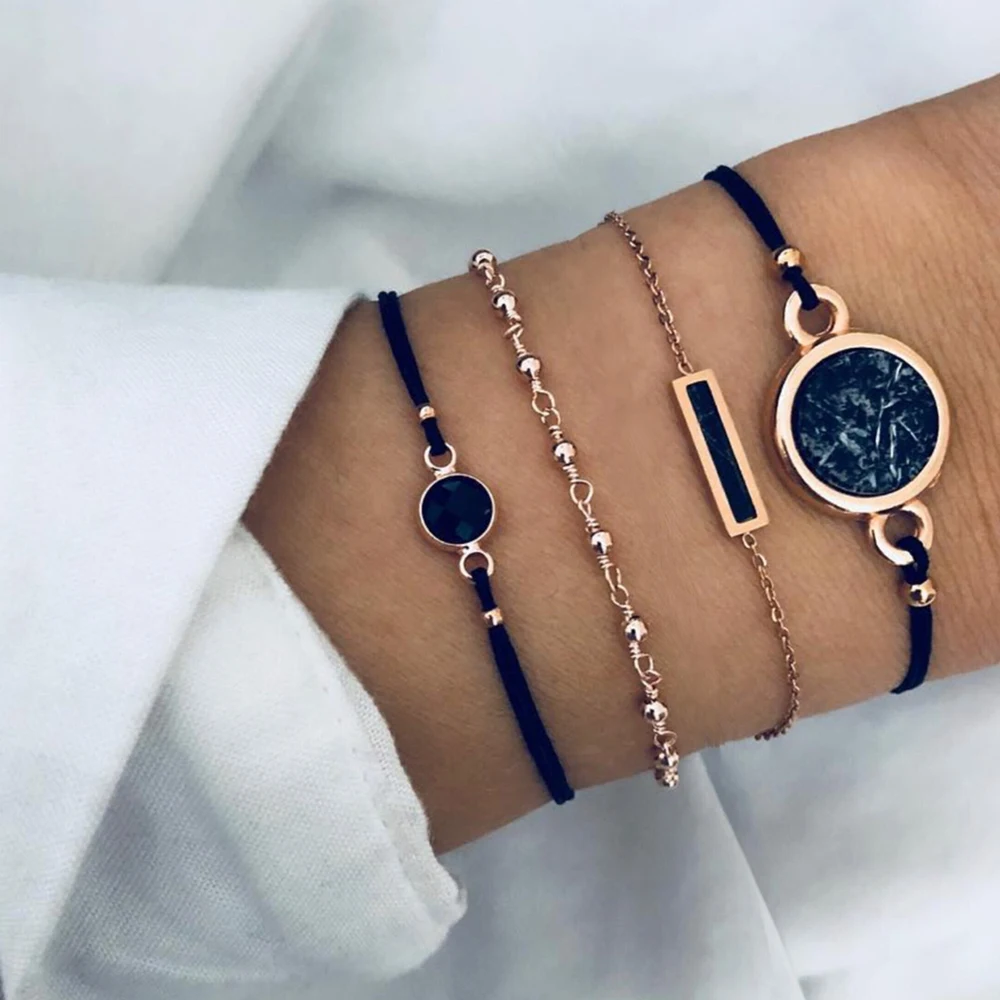 

4 Pcs/set Bohemian Marble Stone Bracelets Set Vintage Boho Black Charm Bracelet for Women Jewelry Pulseras Mujer Bijoux Femme