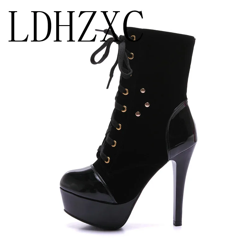 

LDHZXC Women New Fashion Ankle Boots Thin High Heel Round Toe Zipper Design Platform Women Motorcycle Boots Size 34-43