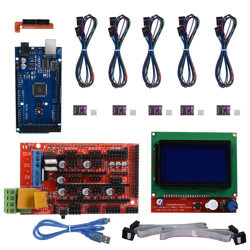 Комплект Reprap Ramps 1,4+ Mega 2560+ Heatbed mk2b+ 12864 ЖК-контроллер+ DRV8825+ механический оконечный упор+ кабели для 3D-принтера