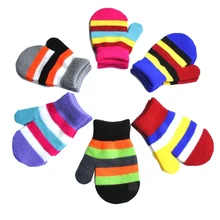 Милый, для новорожденных и малышей, Разноцветные теплые зимние перчатки с принтом для девочек и мальчиков, вязаные полосатые детские варежки