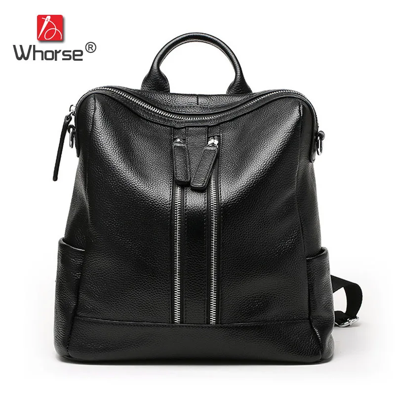 

Luxury Double Zipper Genuine Leather Backpack Women School Bags Cowhide Ladies Backpacks Back Pack Casual Daypacks Black W08050