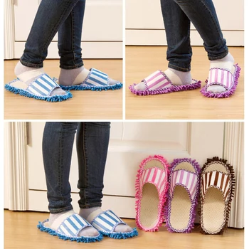 

1Pair House Bathroom Microfiber Floor Cleaning Mop Dust Cleaner Slippers Detachable Floor Wipe Striped Chenille Lazy Shoes Cover