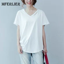 Mferlier летнее одноцветное футболка Для женщин выдалбливают V шеи короткий рукав Свободные Повседневная женская обувь белый летний топ