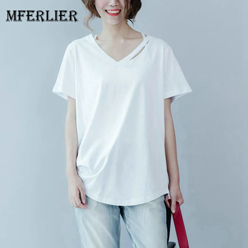 

Mferlier Summer Basic Solid T Shirt Women Hollow Out V Neck Short Sleeve Loose Casual Female White Summer Top
