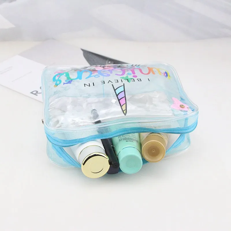 Creative Unicorn Pattern Cosmetic Bag PVC Transparent Cute Makeup Case Waterproof Portable Bath Make Up Toiletry Bag Pouch
