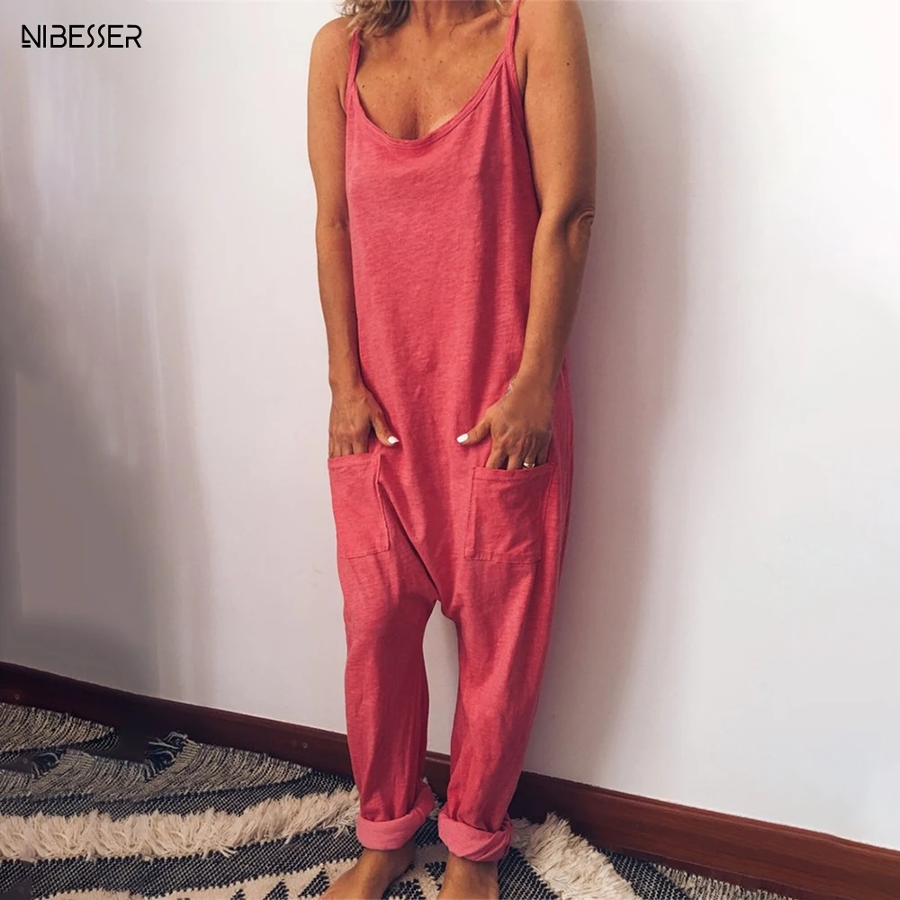 

NIBESSER Casual Loose Women Jumpsuit Solid Wide Leg Cago Trousers With Pocket Plus Size Overalls Sleeveless Long Pants Feminino