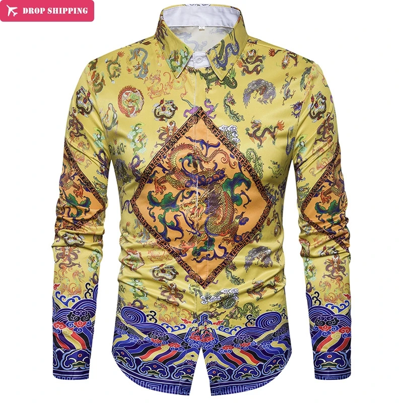 

European fashion handsome men long sleeved shirt Lapel robe 3D printing C408