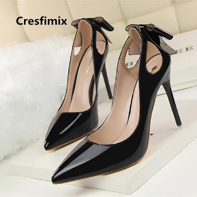 

Cresfimix mujer tacones altos women cute bow tie pu leather pointed toe high heel shoes lady casual street high heels a3295