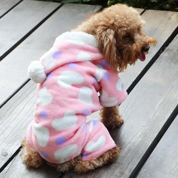 Зимний комбинезон для собак, одежда для собак, кошек, флисовая одежда, пальто с капюшоном с сердечком