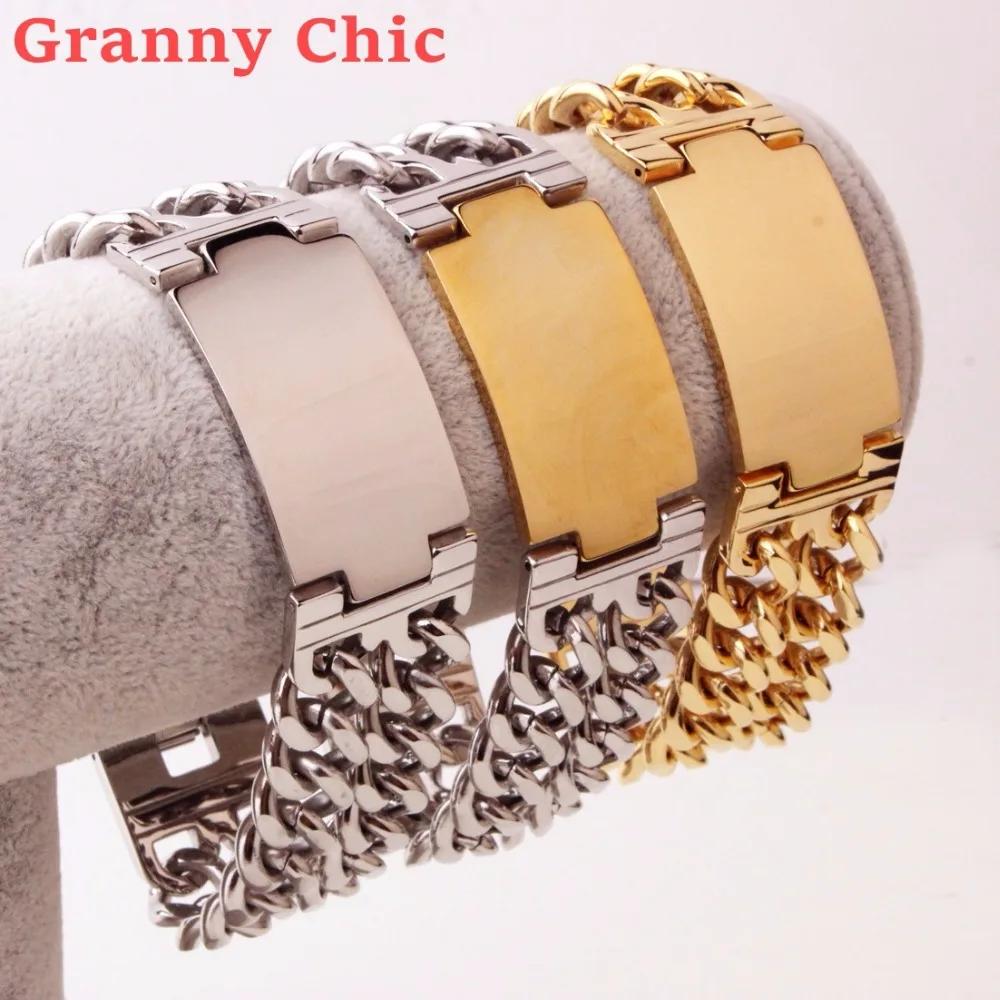 

Granny Chic High Polished silver Gold Color 316L Stainless steel Men's Cuban Curb Link Chain Smooth ID Bracelet Huge Jewelry