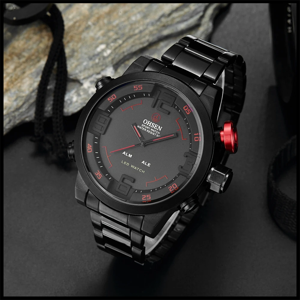OHSEN Часы Мужские военные часы Мужчины Роскошный бренд Полный стальной Часы Спорт Дайвер Кварц Многофункциональный светодиодный дисплей Наручные часы