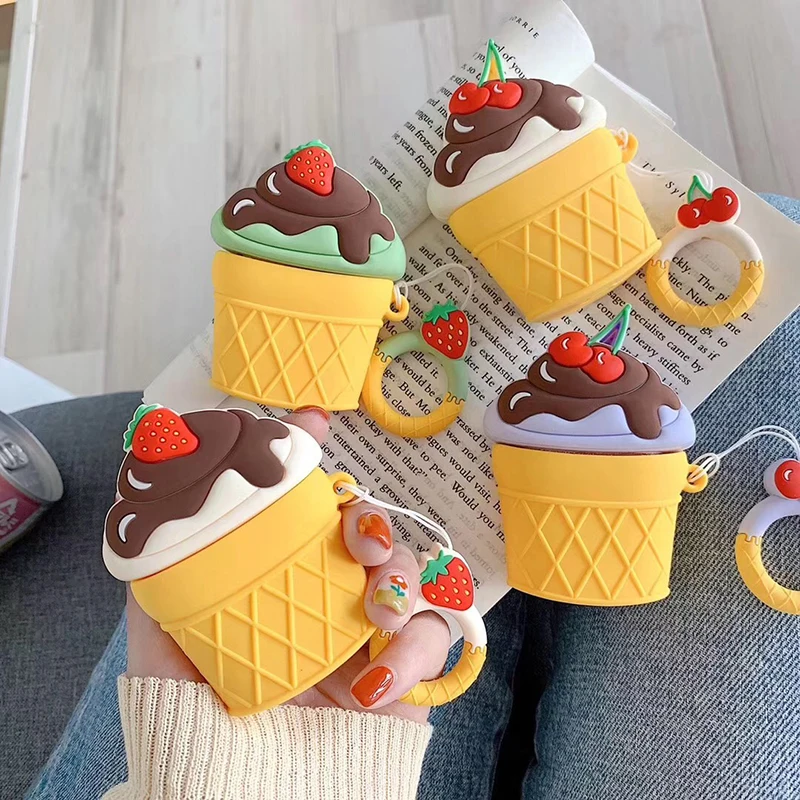 

3D Cute Ice Cream Soft Silicone Case with Anti-lost Rope for Airpods Accessories Bluetooth Earphone Protective Cover Bag