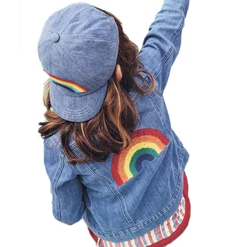 

DZIECKO Girls Jean Jackets Kids Embroidered Rainbow Coat Long Sleeve Button Denim Jackets For Girls Christmas Outerwear Coats