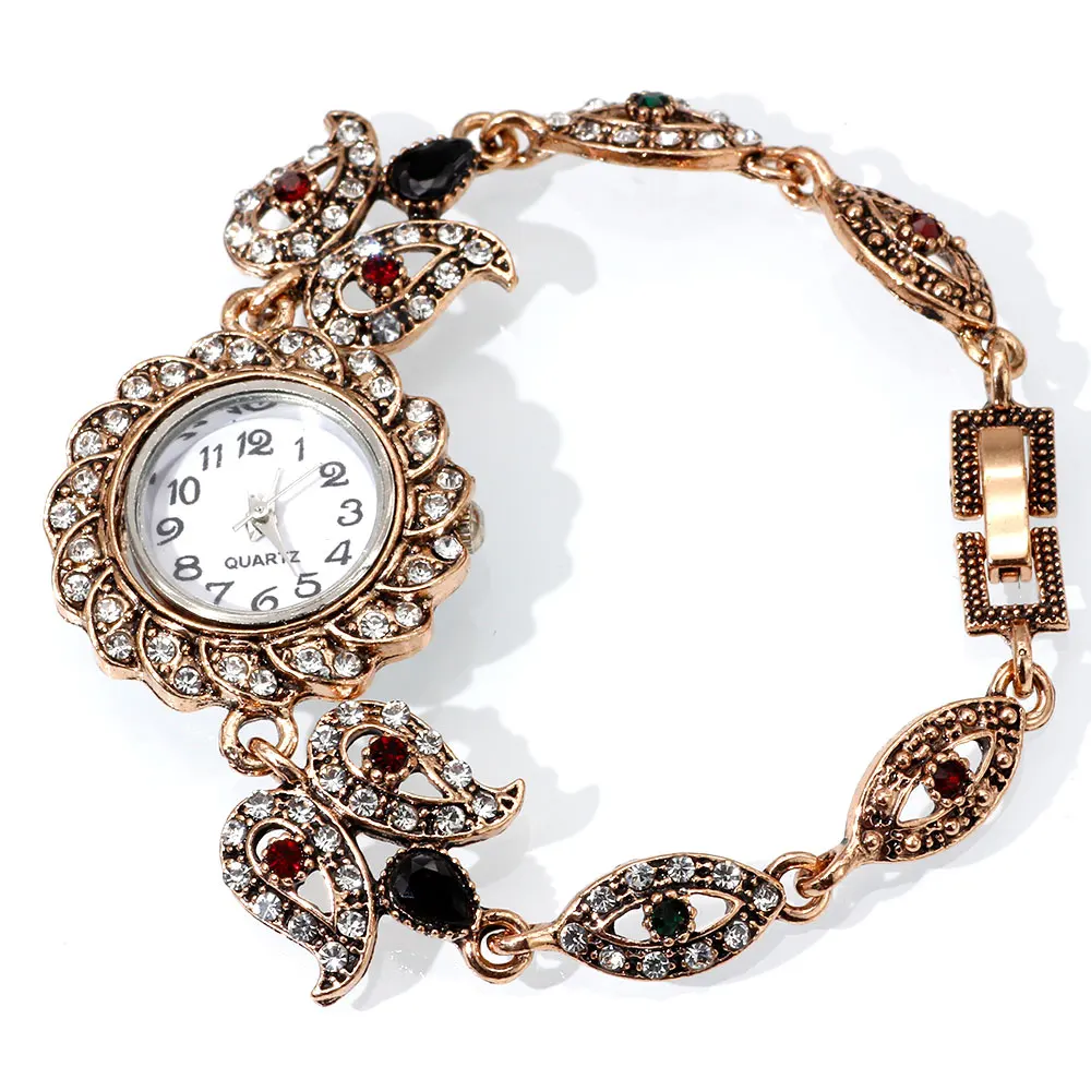 SUNSPICE MS турецкие Стразы Часы на ремешке с цветочным узором для женщин наручные часы антикварные золотистые этнические Свадебные украшения индийские подарки