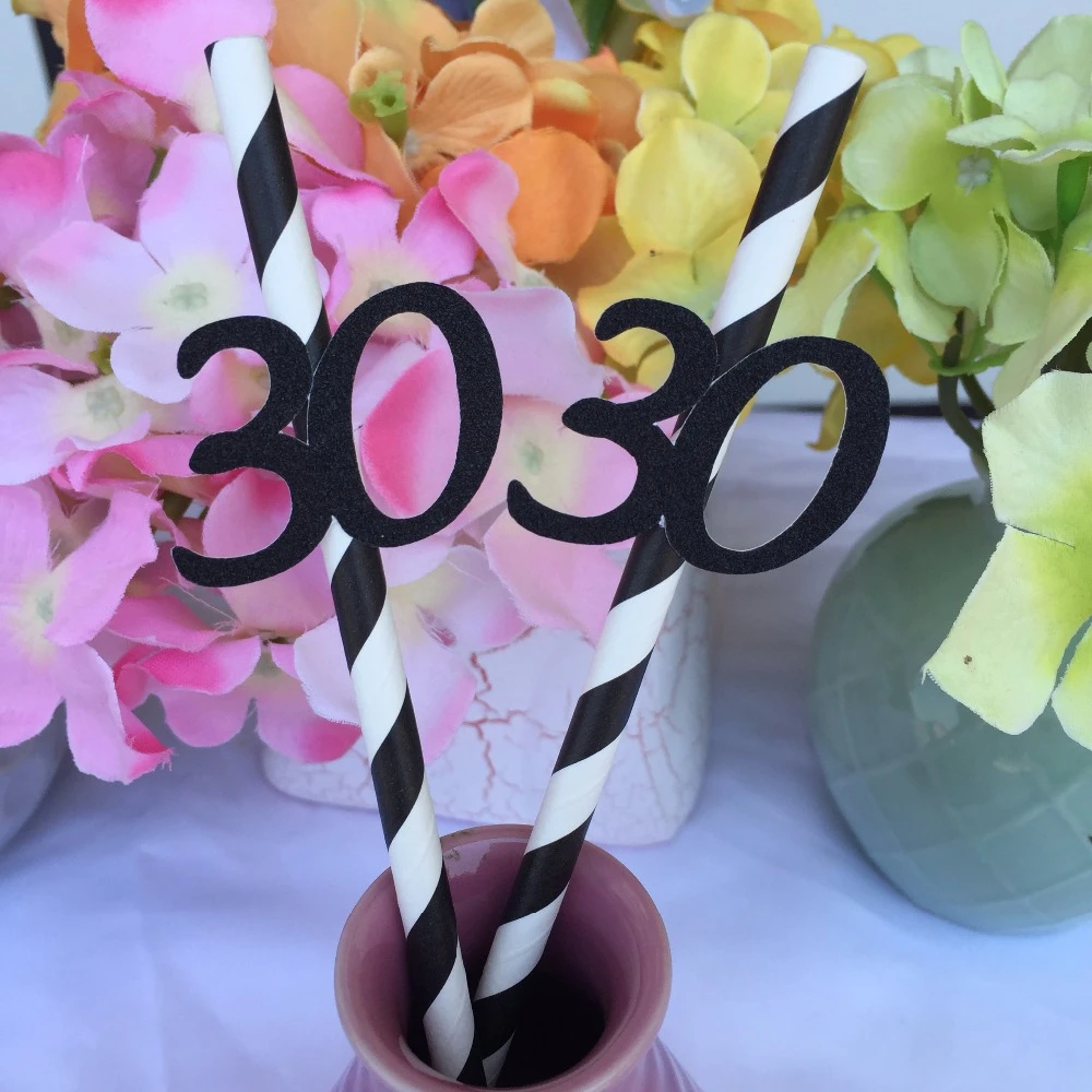 Pailles A Boire Rayees En Papier Decoration Pour Fete D Anniversaire Pour Adultes 30 30e Annee Aliexpress