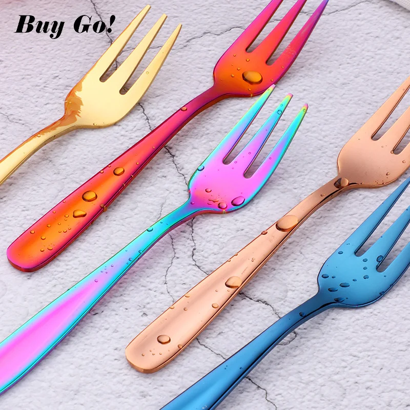 

2PCS Fruit Fork 18/10 Stainless Steel Cake Forks For Dessert Red Small Tea Fork Rainbow Dessert Fork For Snack Dinnerware Set