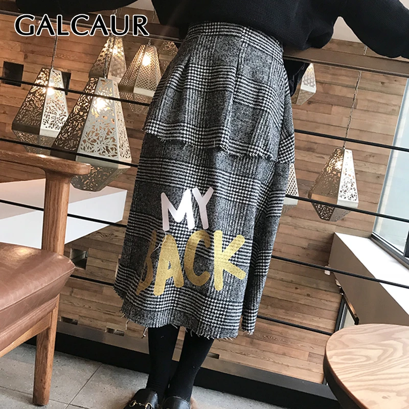 GALCAUR Корейская клетчатая Женская юбка с высокой талией Миди буквенным принтом