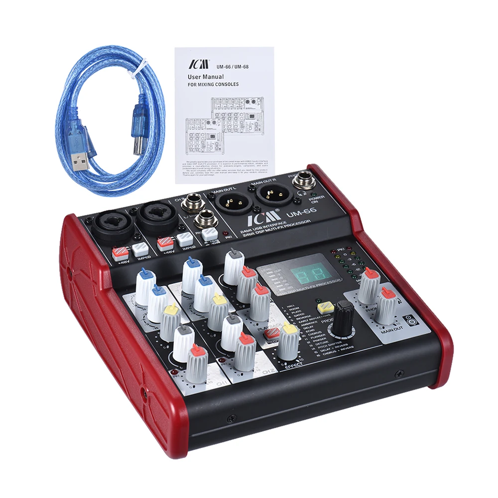 

SM-66 4-Channel Sound Card Mixer Mixing Console Built-in 16 Effects with USB Audio Interface Supports 5V Power Bank for DJ