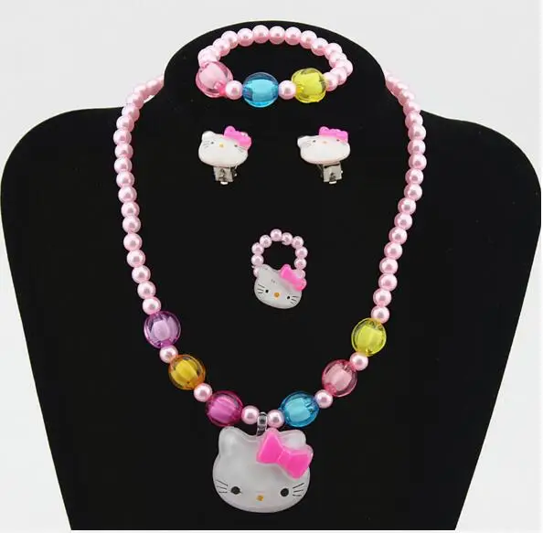 1 комплект, бусы принцессы с искусственным жемчугом, Милые ожерелья, браслеты, детские ювелирные изделия, вечерние, подарок на Рождество - Окраска металла: pink