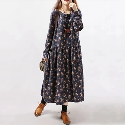 

2018 new winter vintage floral size loose and long sleeve cotton dress ZQ385