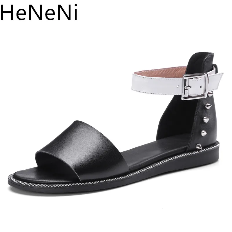 

Women flats sandals gladiator summer Genuine Leather open toe shoes ladies vintage roman buckle strap rivet beach sandals 33-43