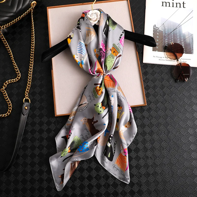 

New Square Scarf Women Fashion Cat Print Silk Scarves and Wrap Ladies Retro Spring Summer Office Hair Neck foulard