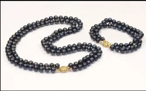 

charm Jew.655 STRANDS 9-10MM TAHITIAN BLACK PEARL NECKLACE BRACELET 14k jewelry set (A0513)