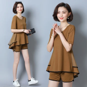 

Summer Fashion Korean Short Sleeve Two Piece Shorts Set Loose Balck Plus Size Grote Maten Dameskleding 2 Pcs Set Women Outfits